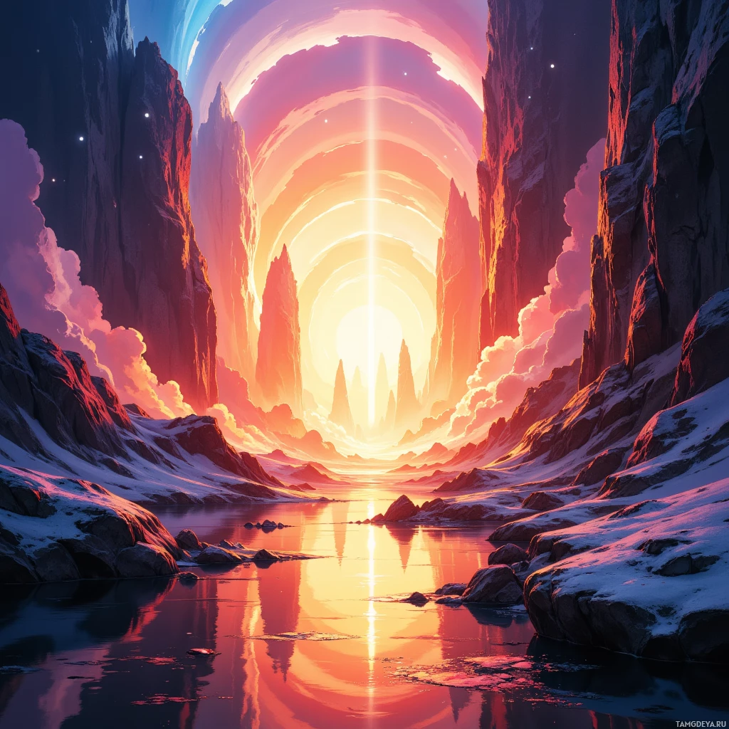 A surreal landscape featuring towering rock formations, a glowing archway, and a reflective body of water under a vibrant sky.