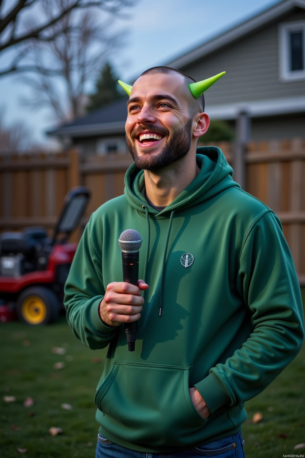 A person wearing a green hoodie and holding a microphone stands outdoors.