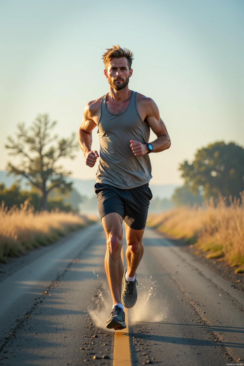 A man is running on a road in a rural setting.