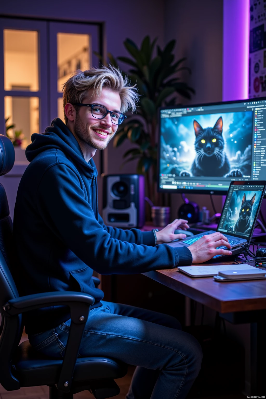 A person is sitting at a desk with a computer, smiling, and wearing a hoodie.