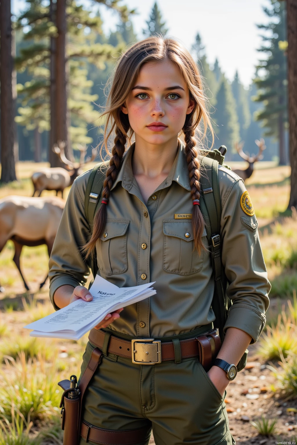 A person in a green uniform with a backpack and documents stands in a forested area.