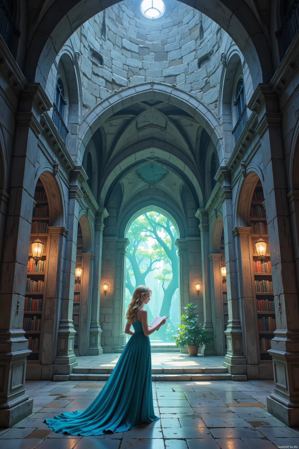 A woman in a teal dress reads in a grand, arched library with bookshelves and a skylight.