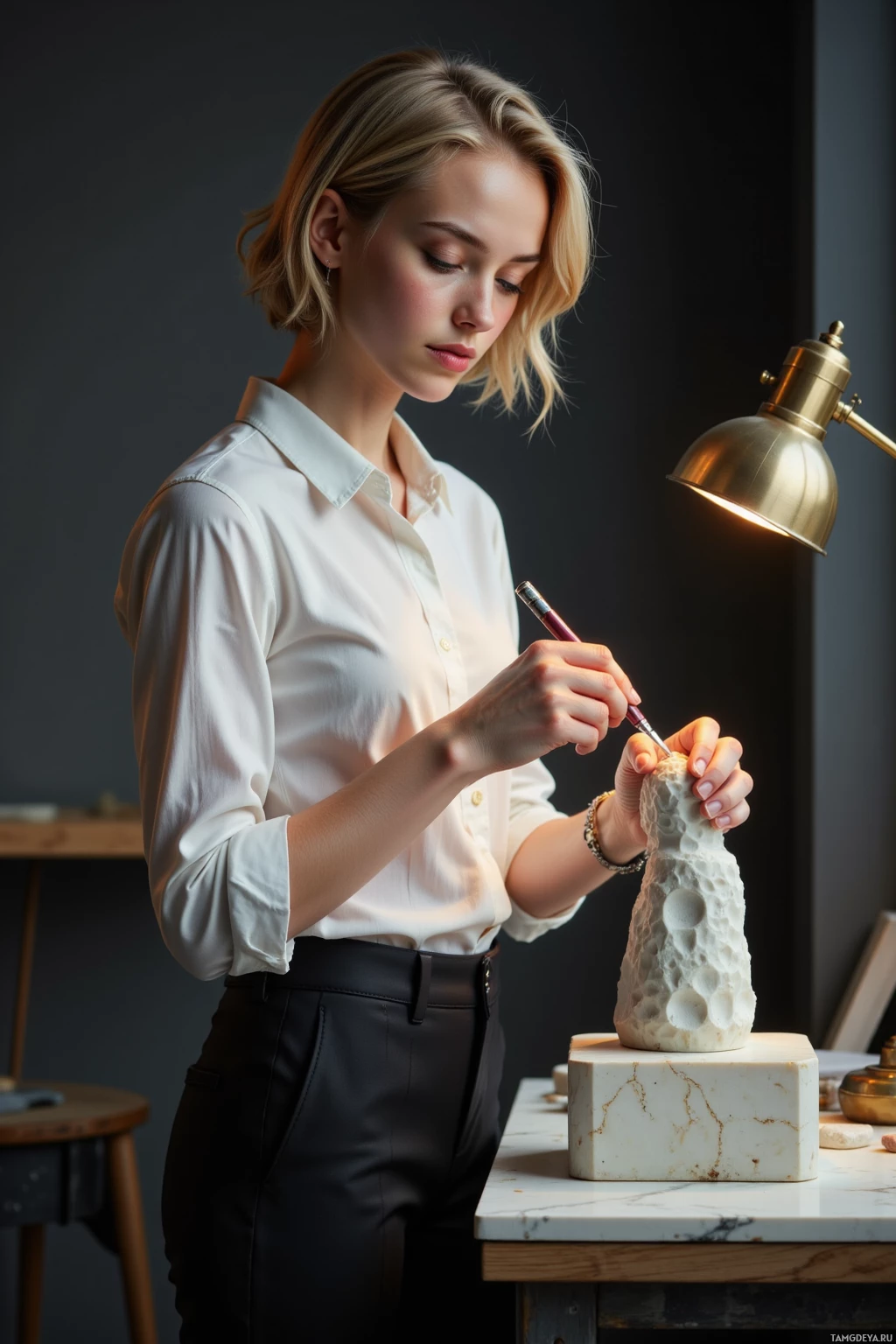 A woman in a white shirt is working on a sculpture with a tool.