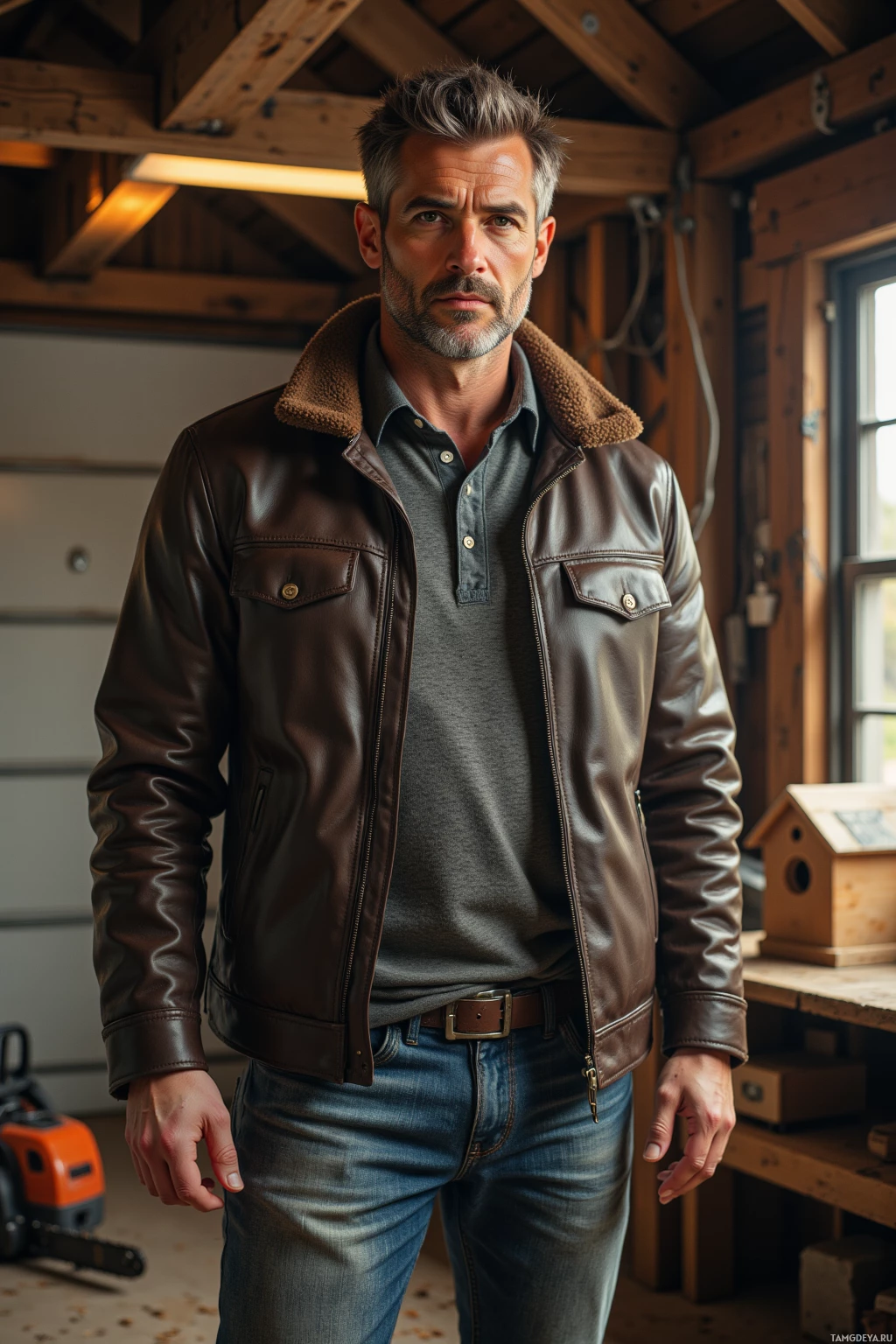 A man stands in a rustic setting, wearing a brown leather jacket and jeans.