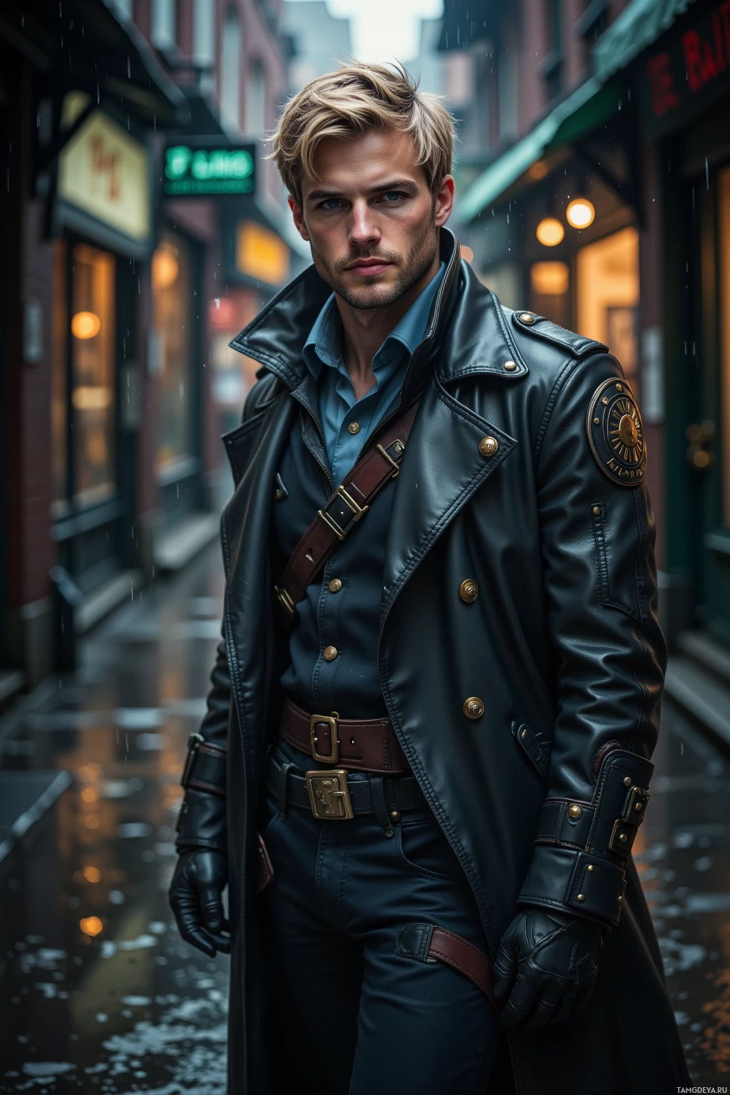 A man in a leather coat and gloves stands on a rainy street.