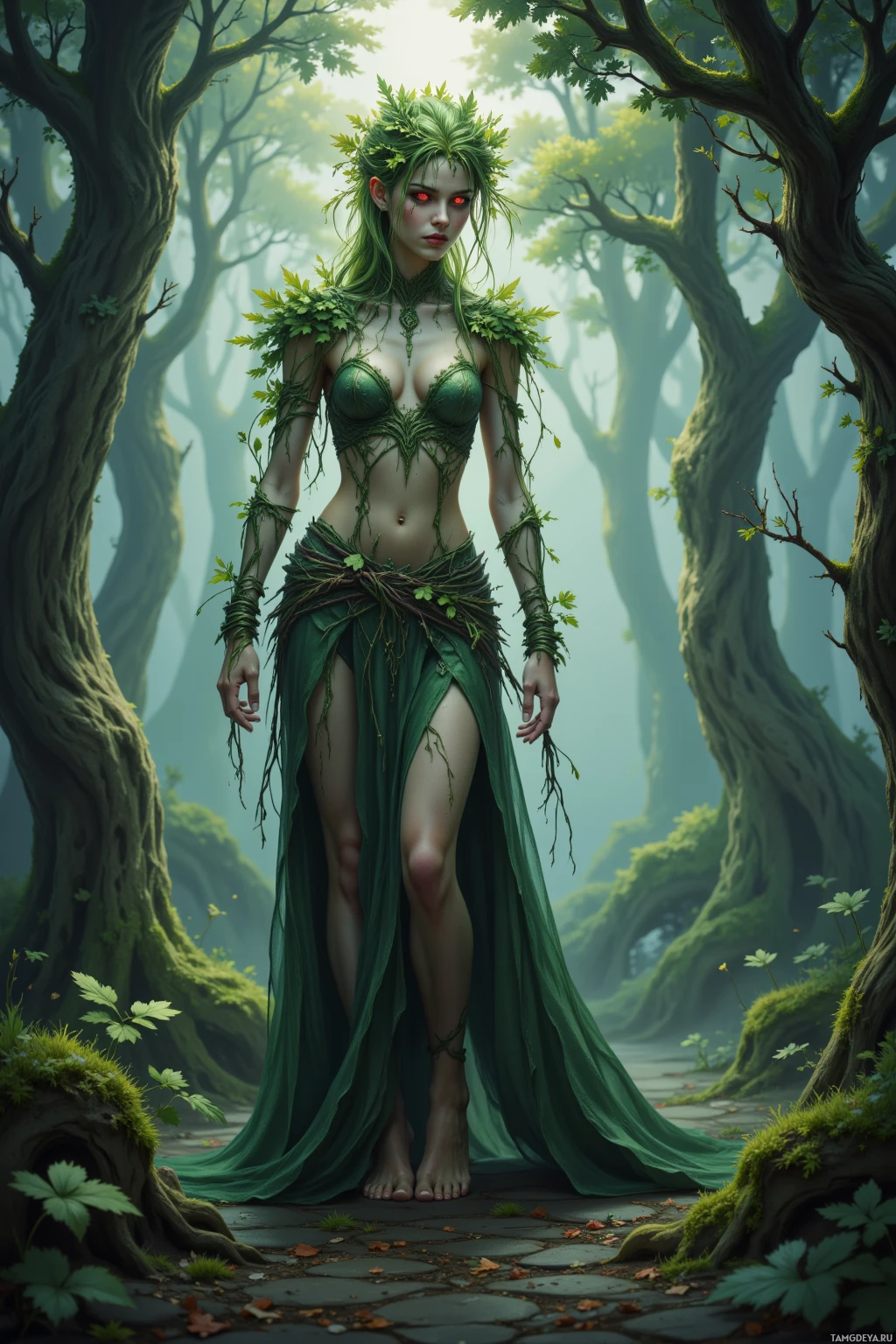 A woman in a green, leafy dress stands in a forest.