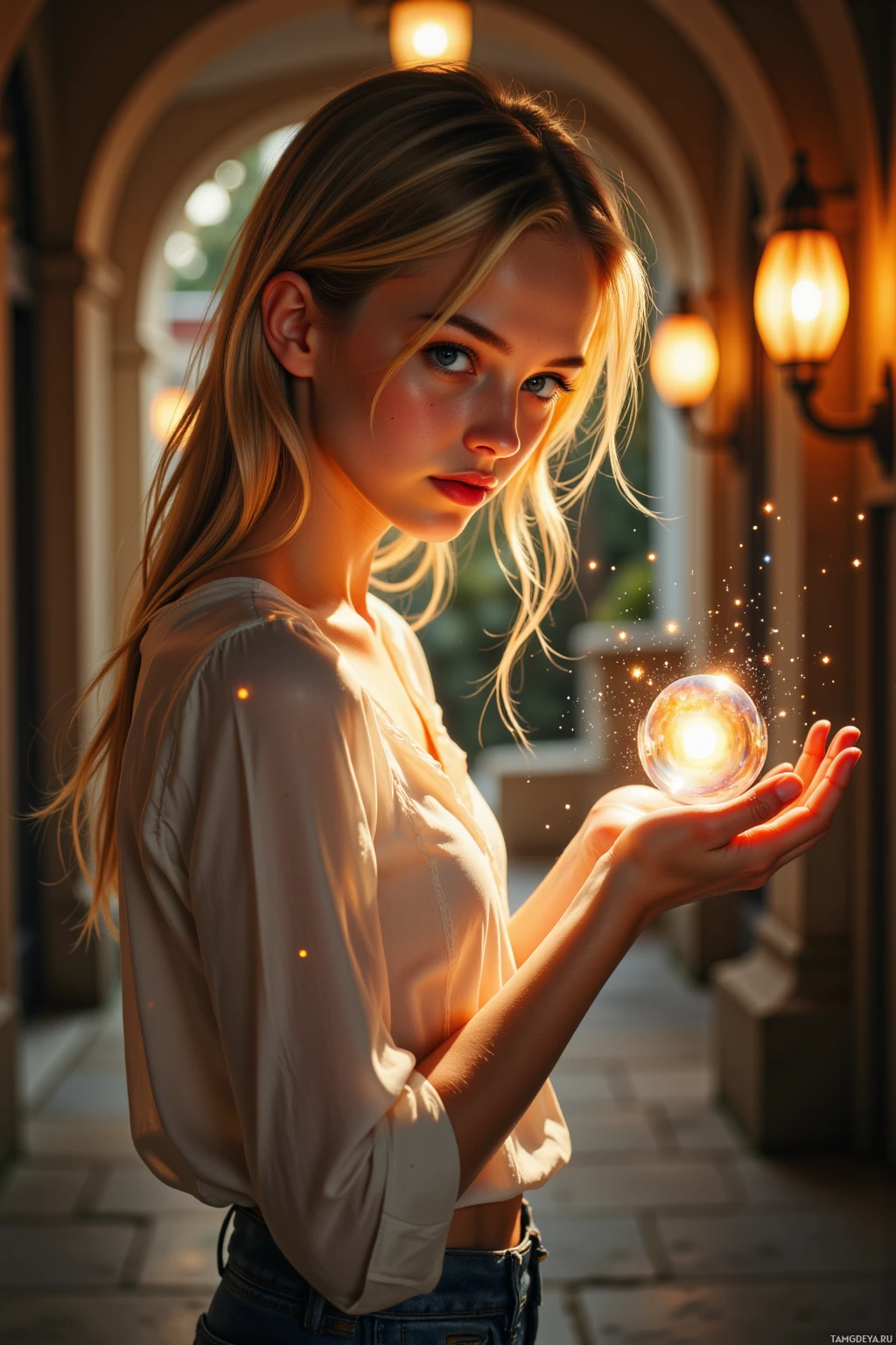 A woman holds a glowing orb in her hand, surrounded by warm, ambient light.