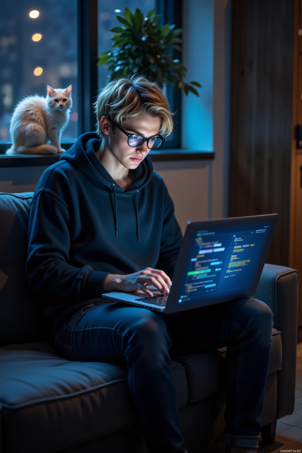A person wearing glasses and a hoodie sits on a couch, working on a laptop with a cat perched on the windowsill.