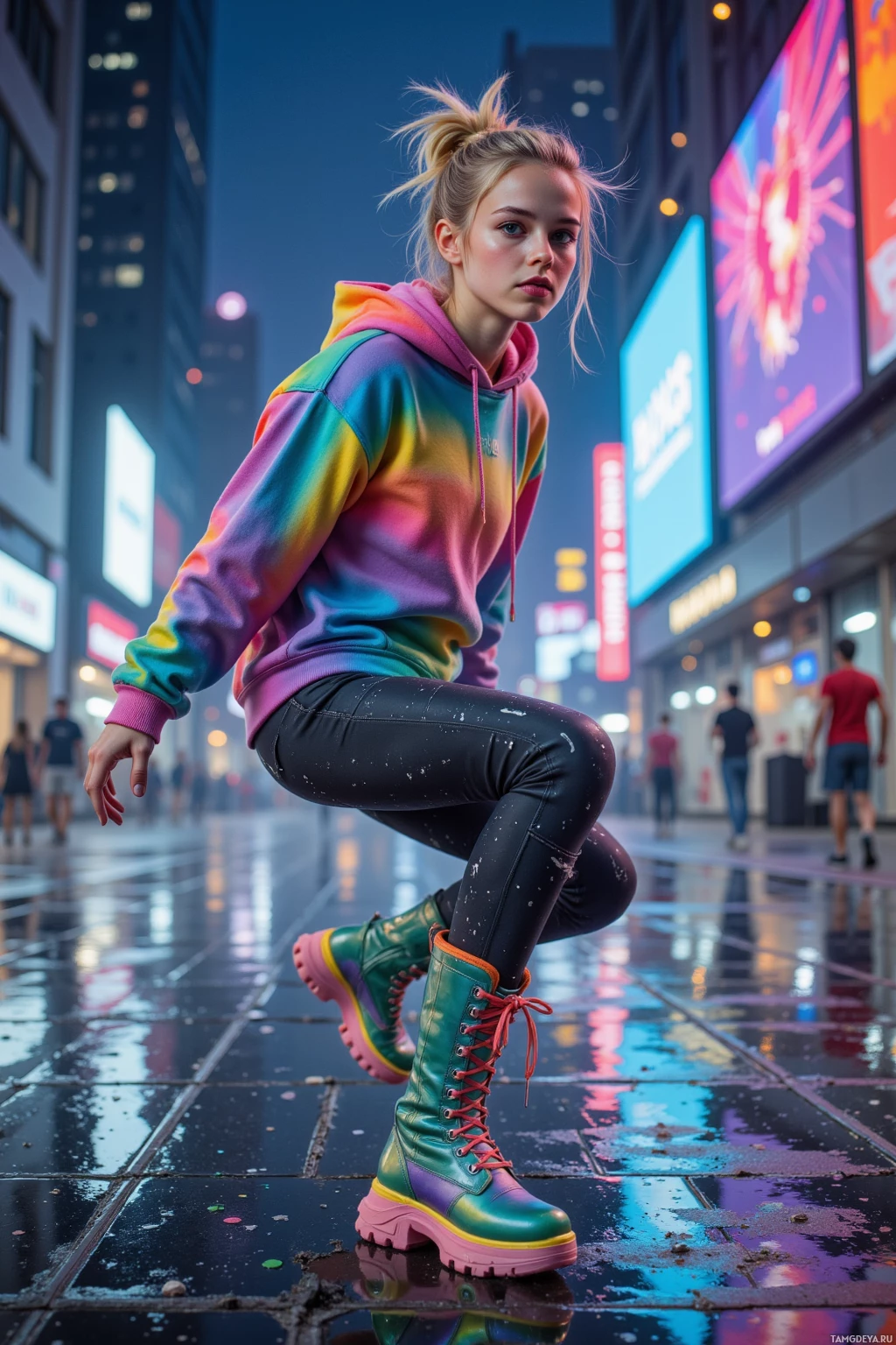 A person in a colorful hoodie and boots poses on a wet city street at night.