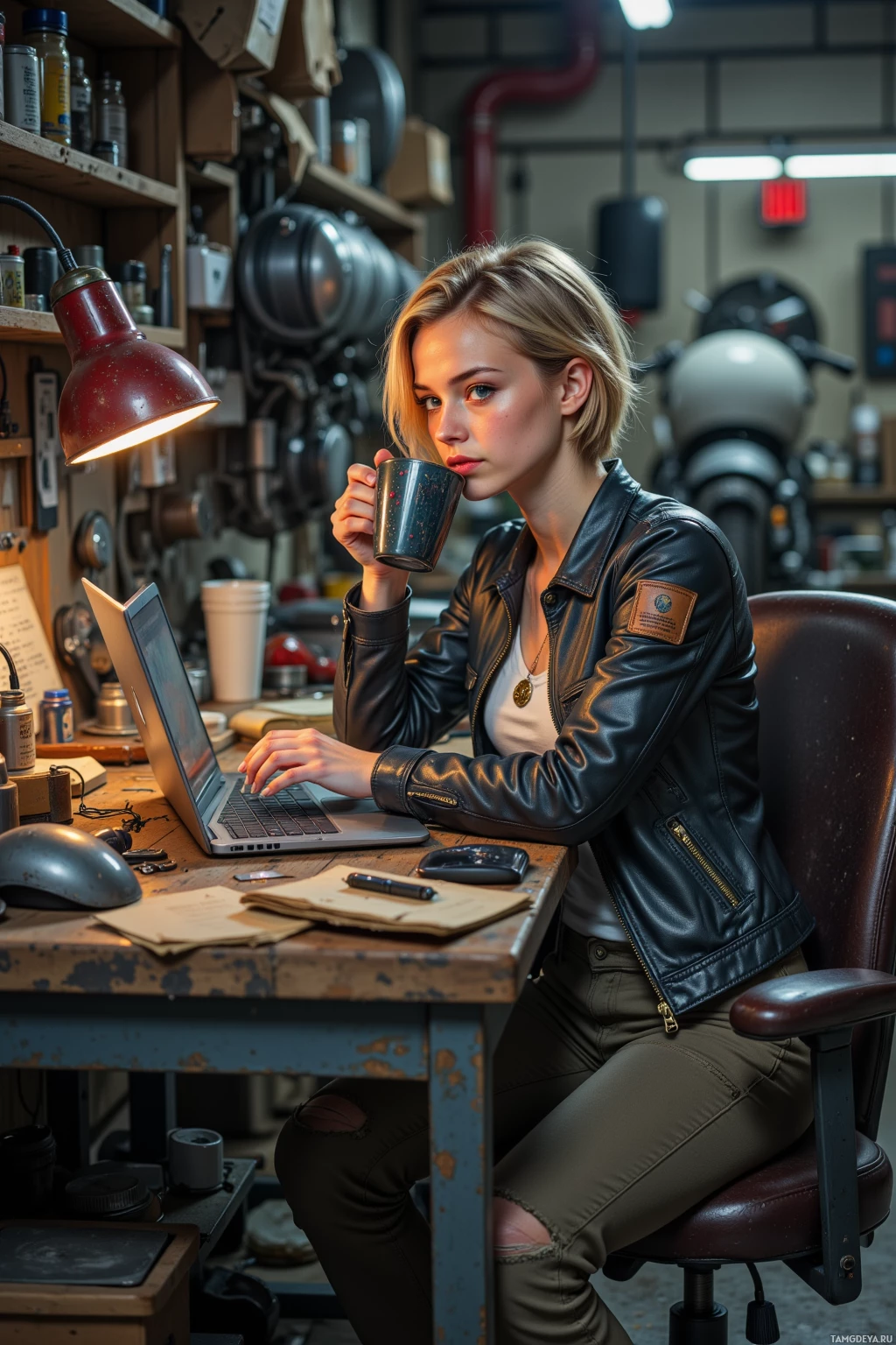 A person in a leather jacket sits at a desk in a workshop, using a laptop and holding a mug.