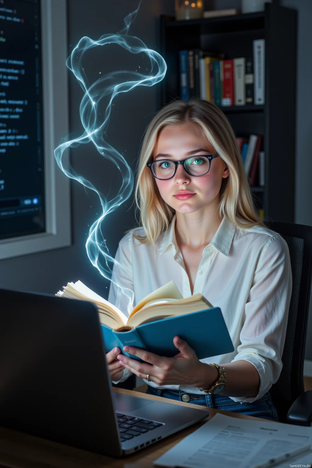 A person wearing glasses is reading a book with a glowing effect around it.
