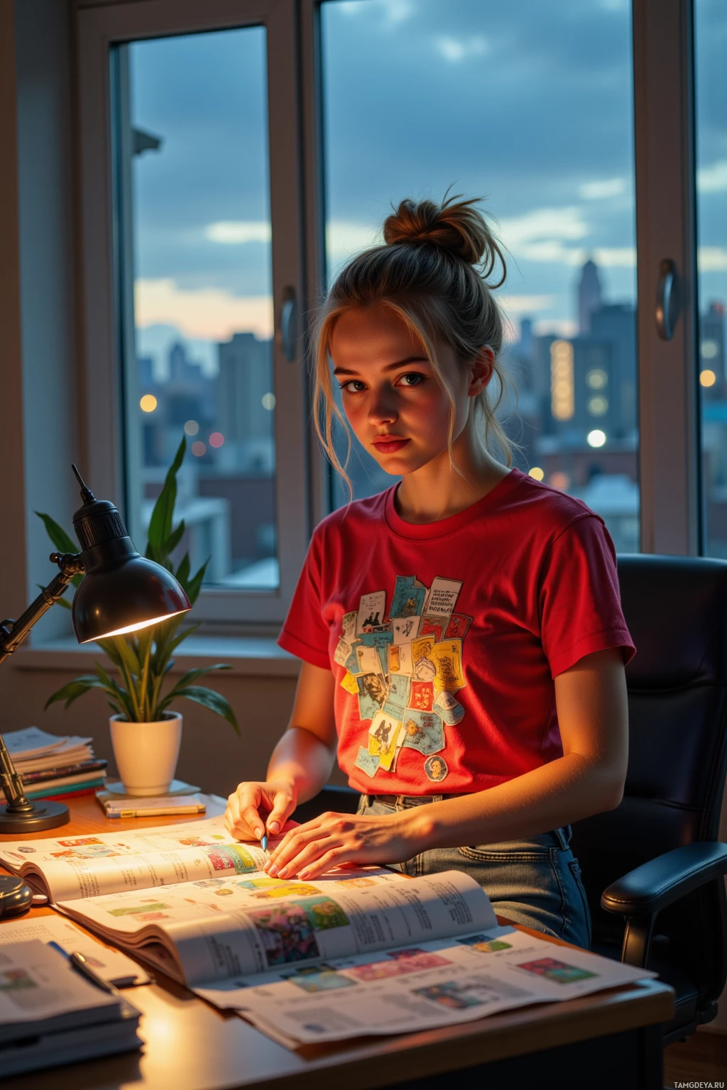 A person sits at a desk with an open book, illuminated by a desk lamp, against a backdrop of a cityscape at dusk.