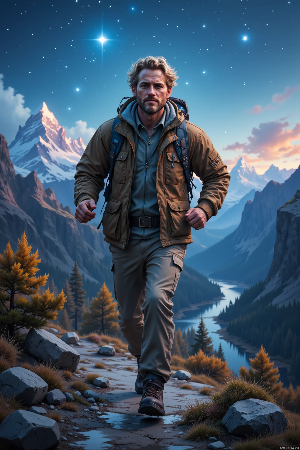 A man hikes through a mountainous landscape under a starry sky.