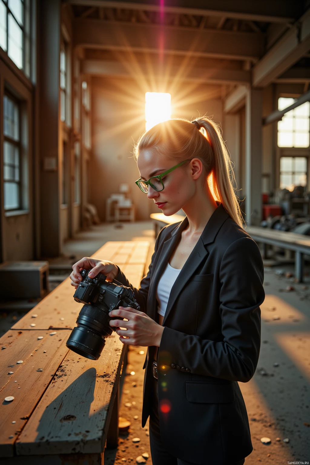 A woman in a suit holding a camera in a sunlit industrial setting.