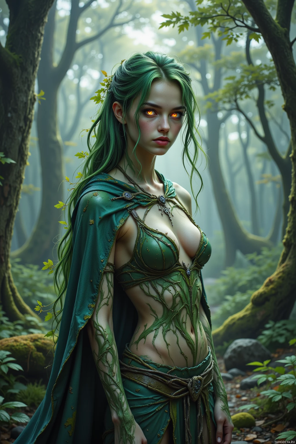 A woman with green hair and glowing eyes stands in a misty forest, adorned in a green, leafy outfit.