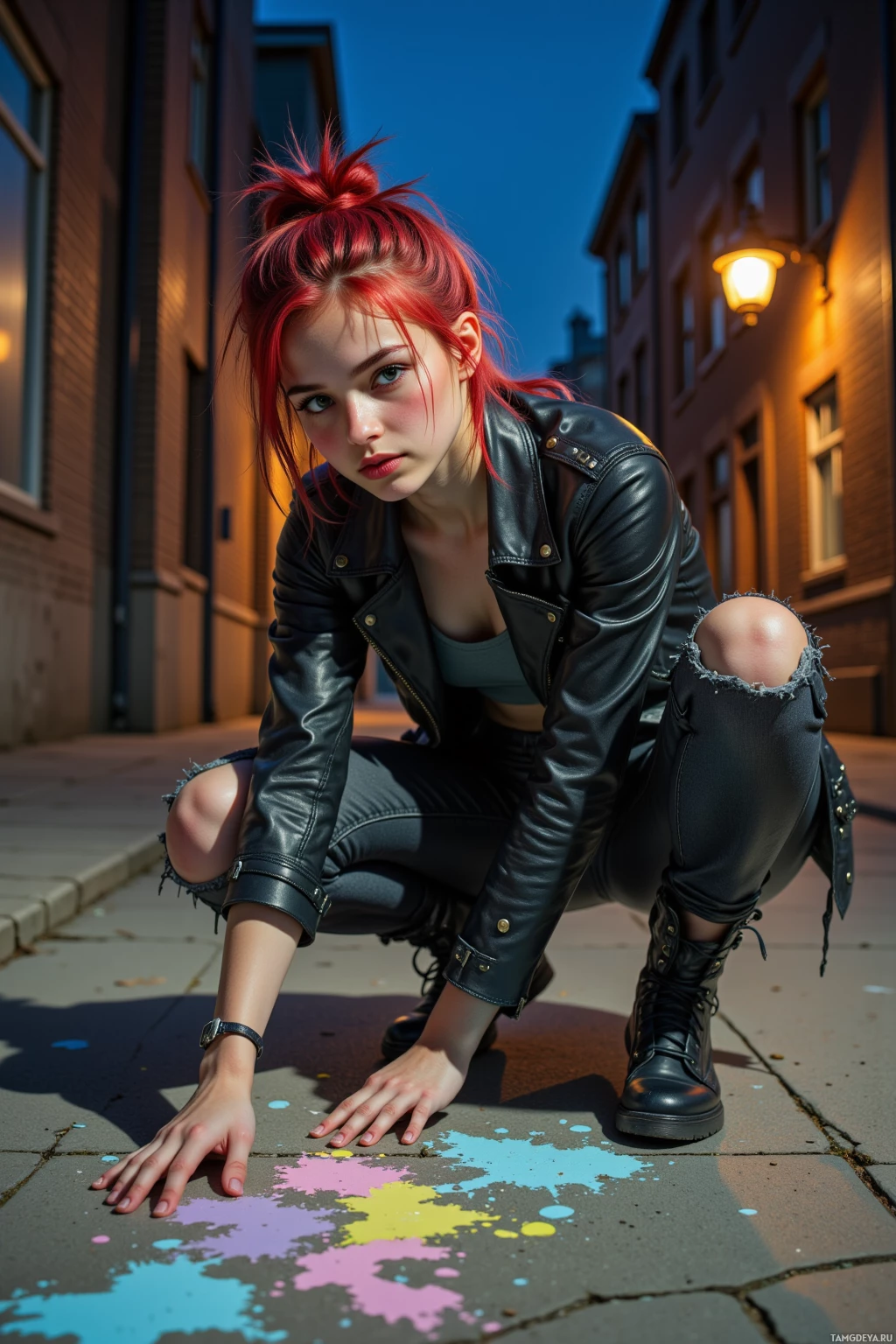 A person with red hair in a leather outfit crouches on a sidewalk with colorful paint splatters.