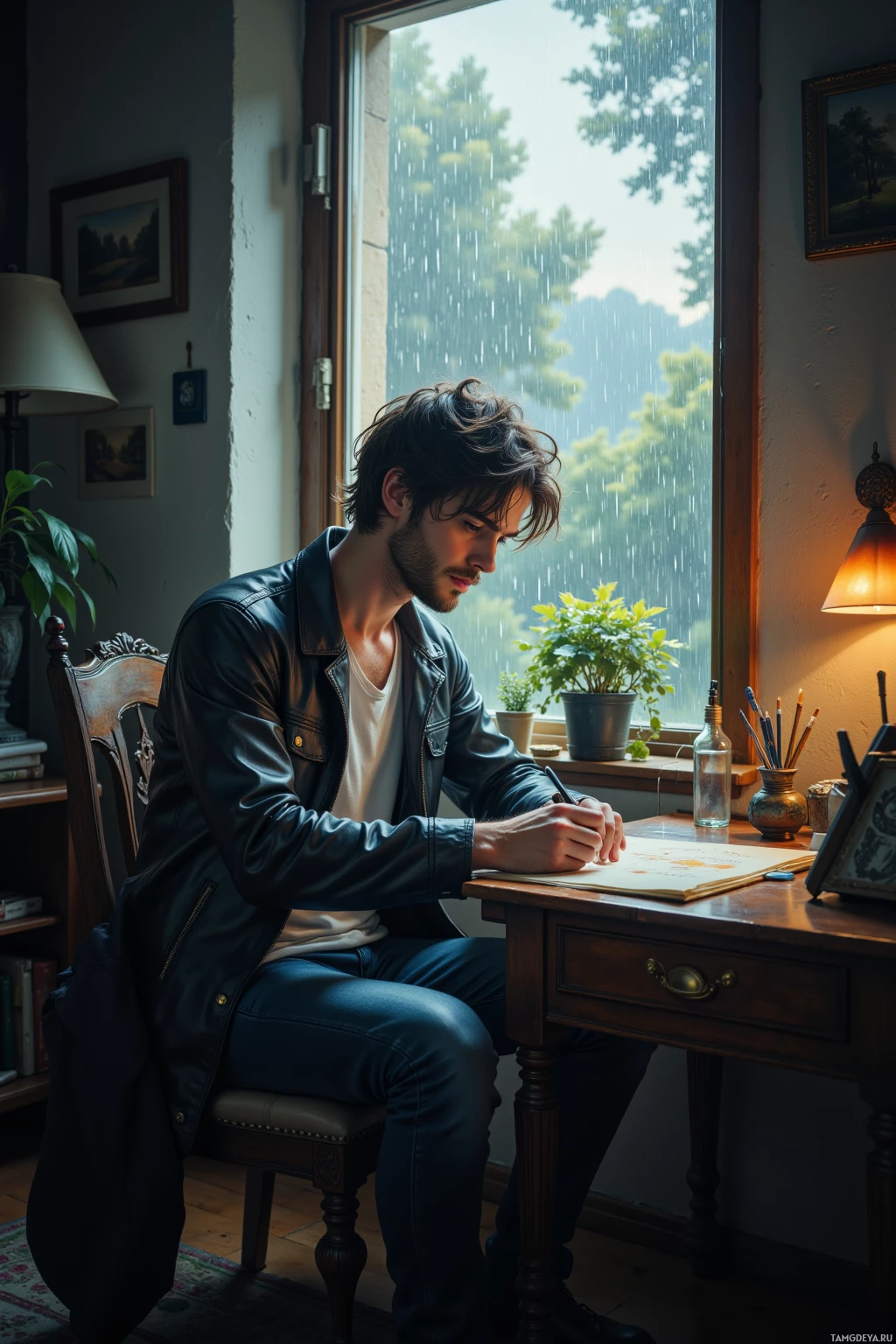 A man sits at a desk, writing in a notebook, with rain visible outside the window.