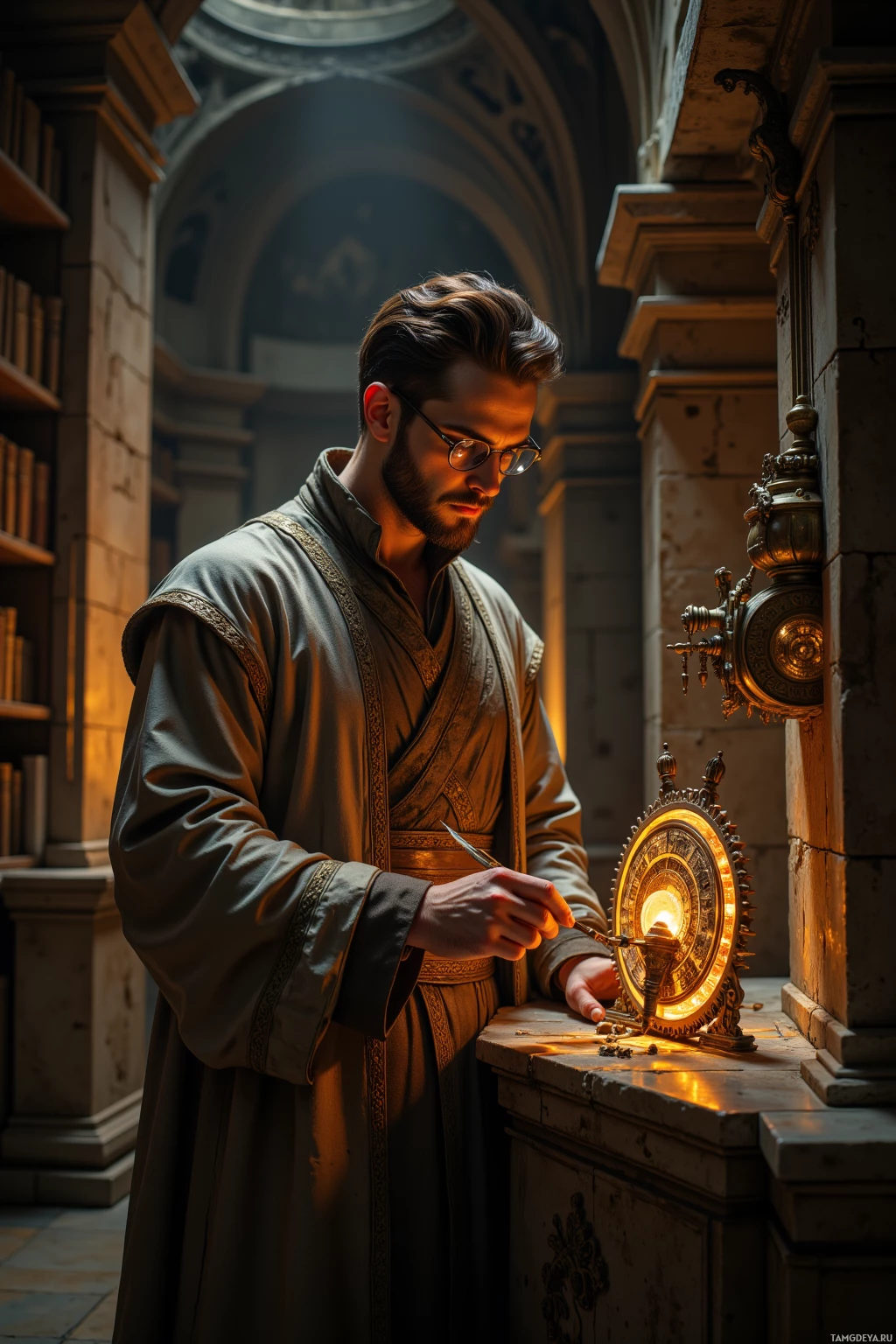 A man in a historical robe stands in a dimly lit room, examining a glowing circular device.