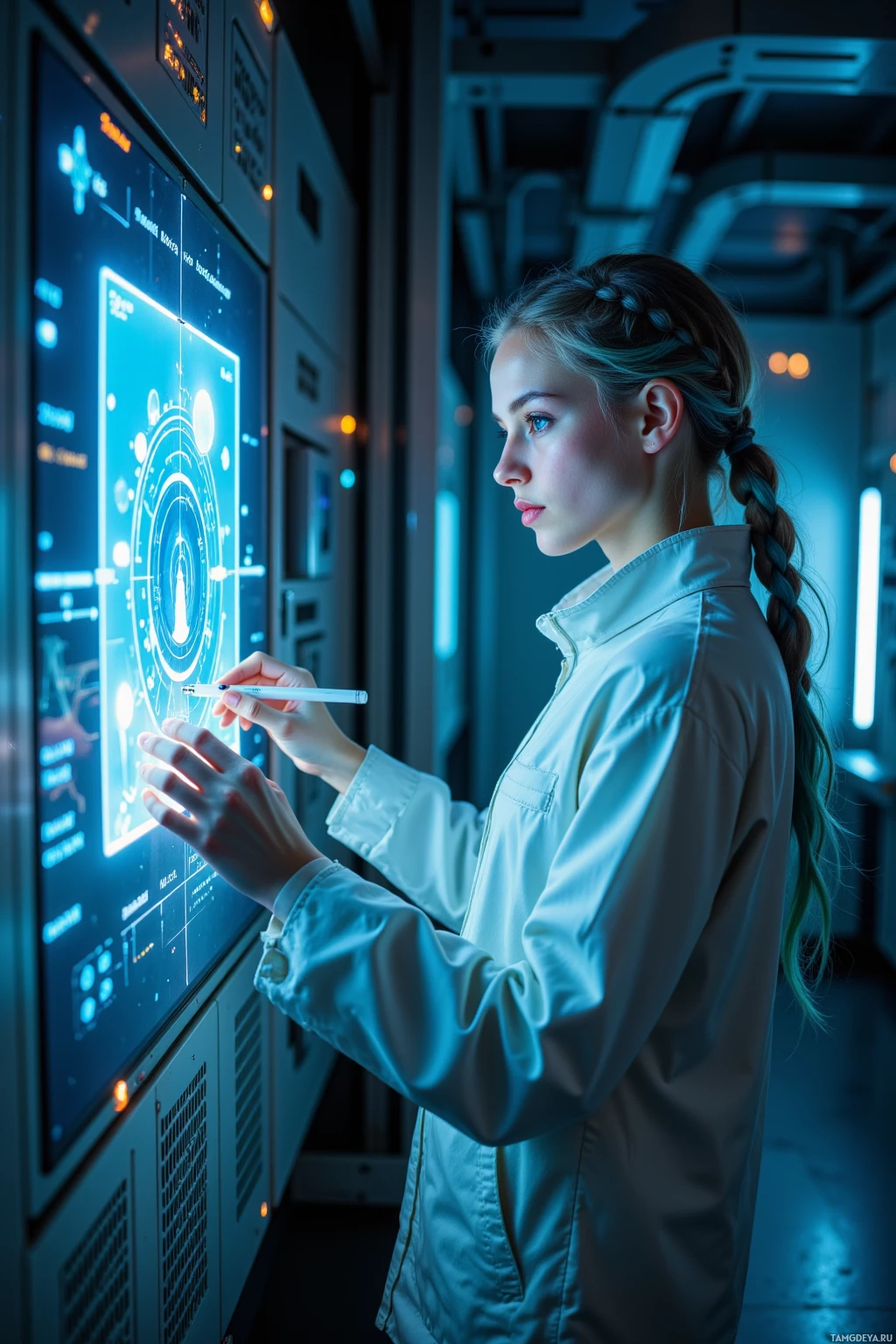 A person in a lab coat interacts with a futuristic digital interface using a stylus.