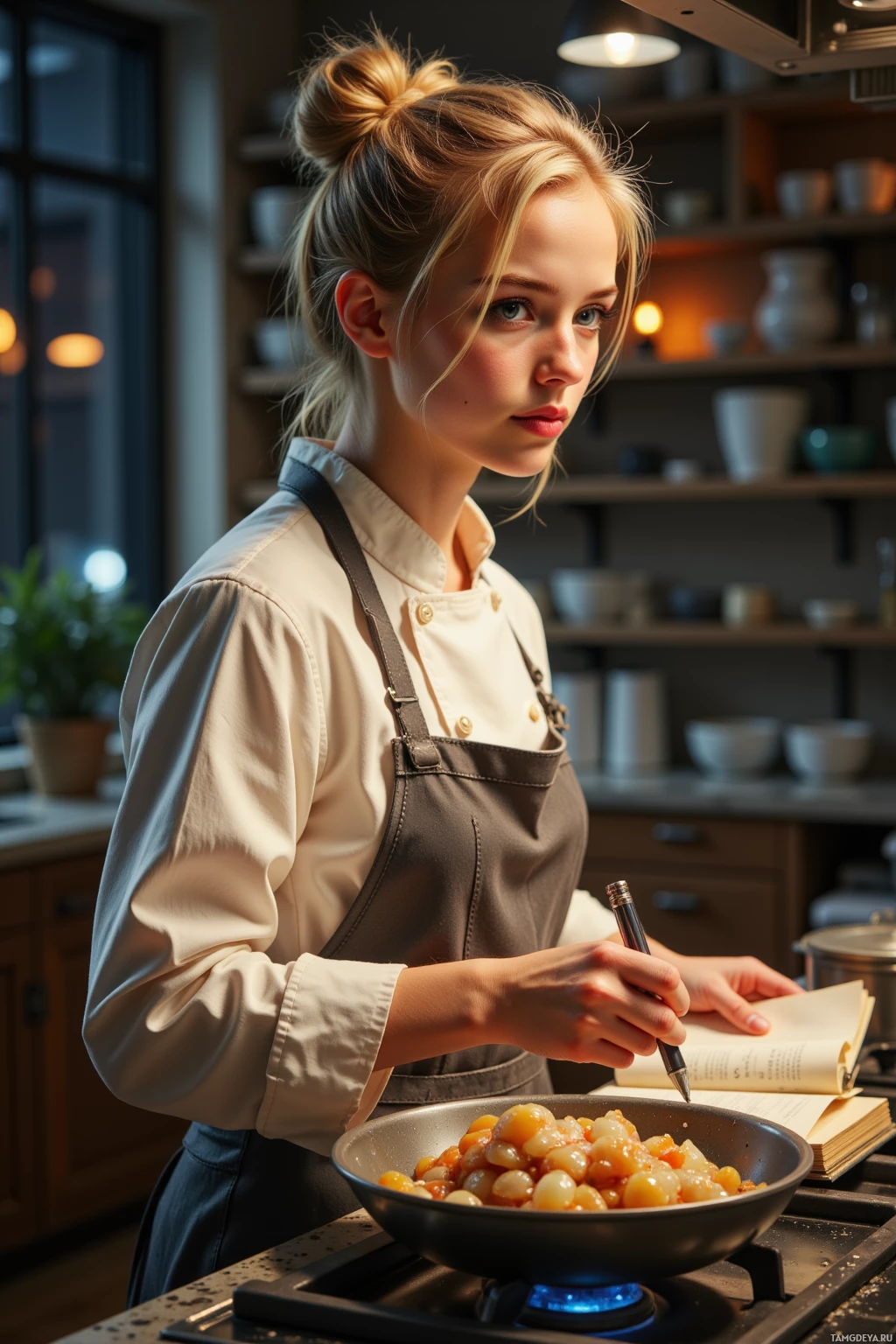 A person in a kitchen wearing an apron, holding a pen and a book, with a pan of food on the stove.