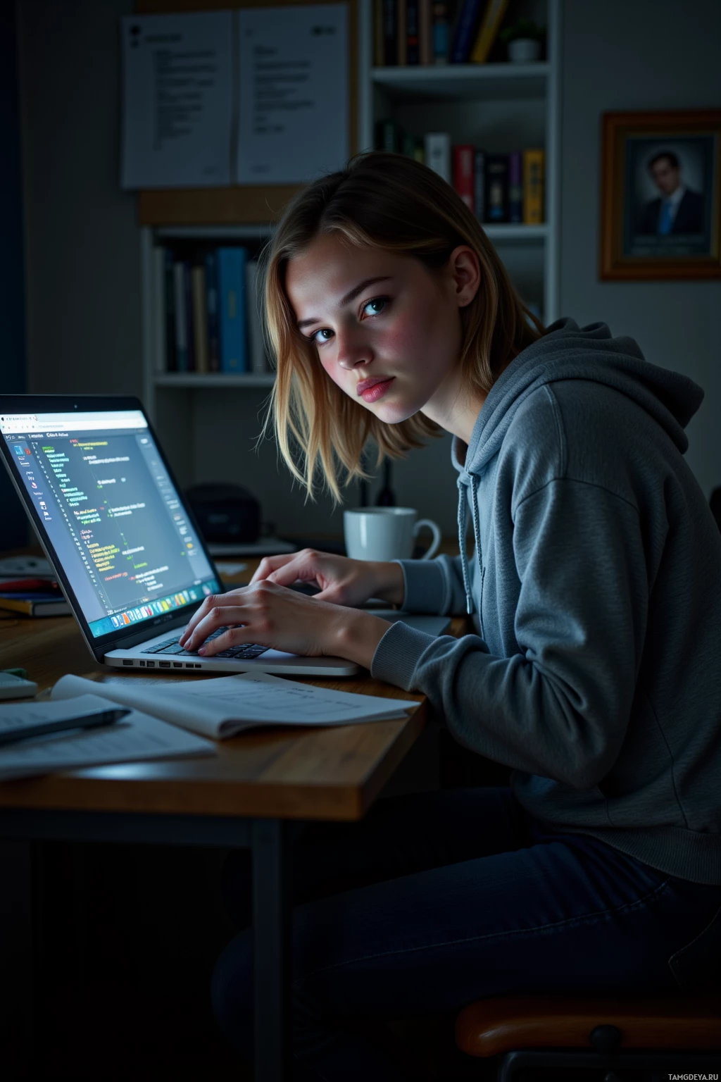 A person is working on a laptop at a desk in a dimly lit room.
