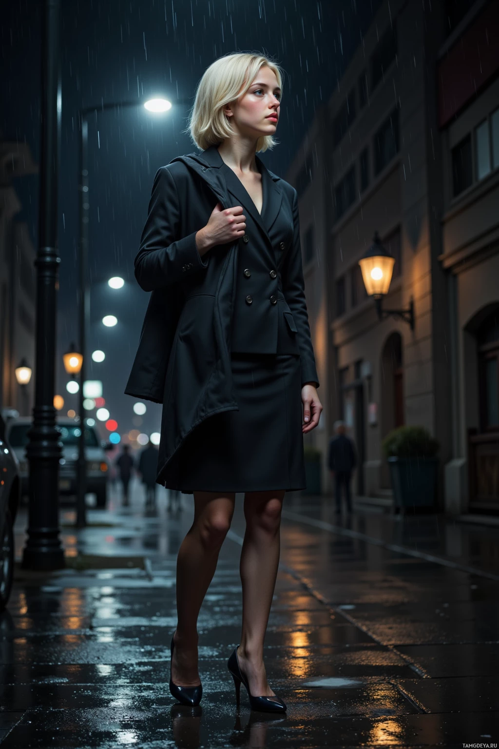 A woman in a black suit walks down a rainy city street at night.
