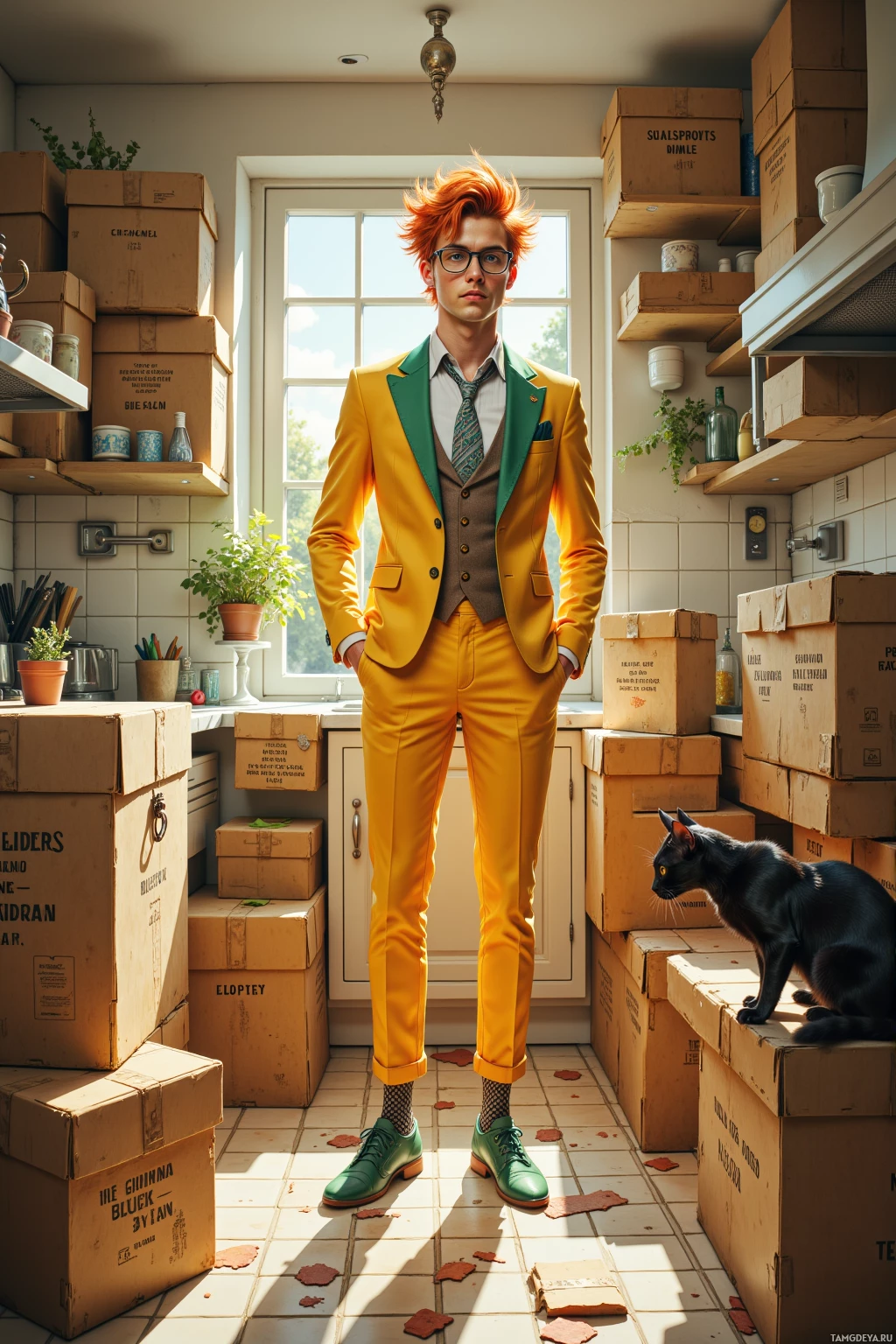 A person in a bright yellow suit stands in a room with stacked boxes and a black cat.