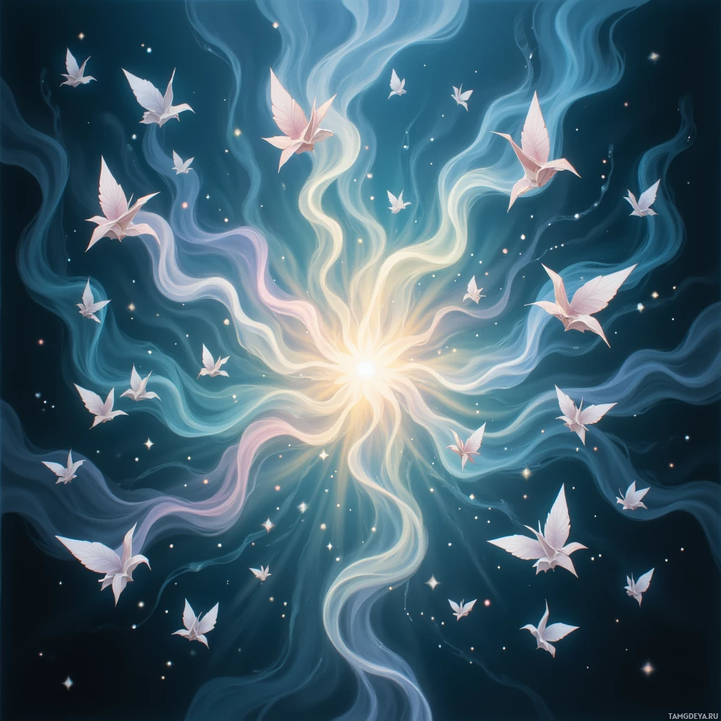 A serene scene featuring light pink origami cranes floating amidst swirling, ethereal blue and white smoke against a dark background.