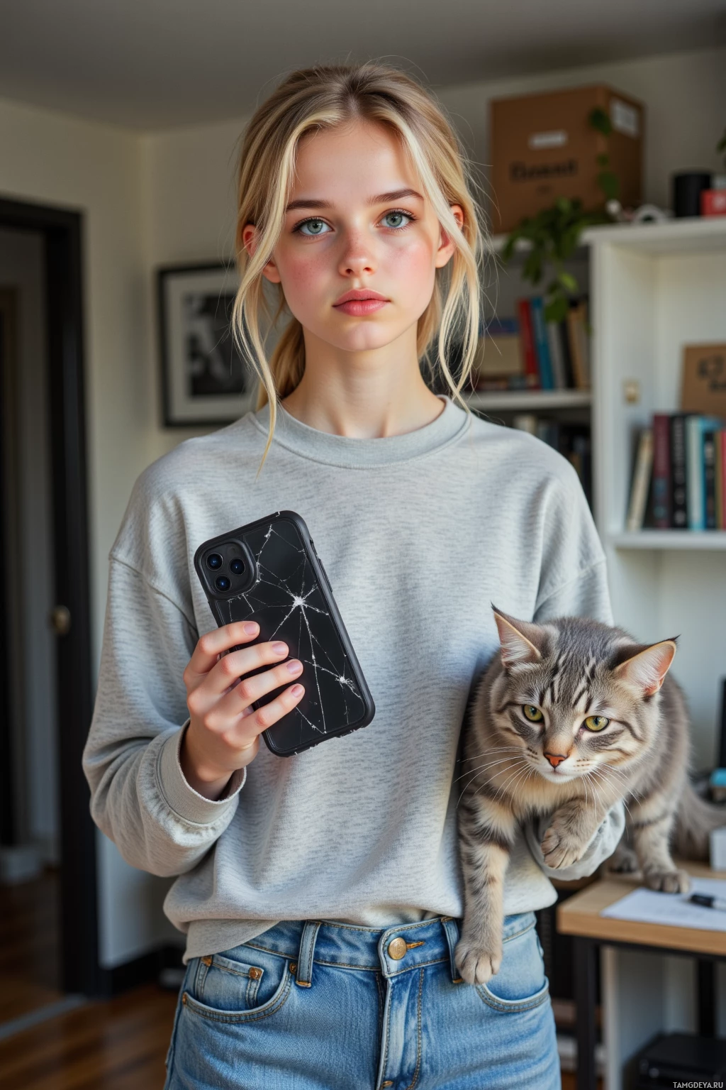 A person holds a phone and a cat in a casual indoor setting.
