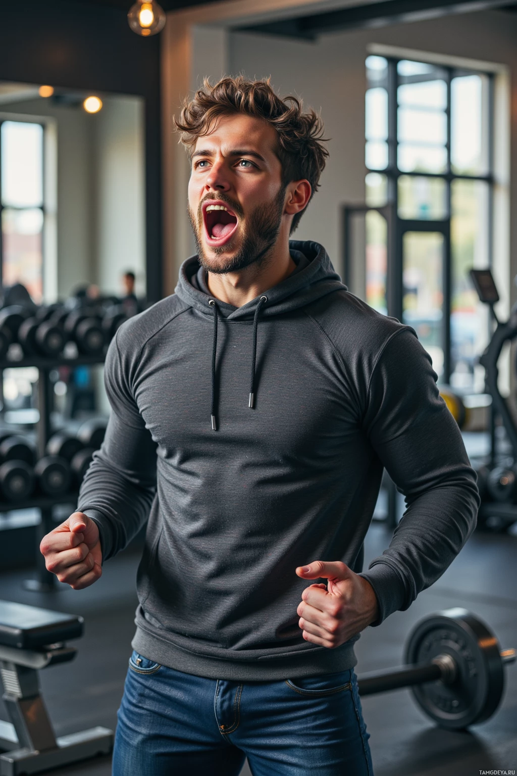 A man in a gym flexes his muscles while wearing a hoodie and jeans.