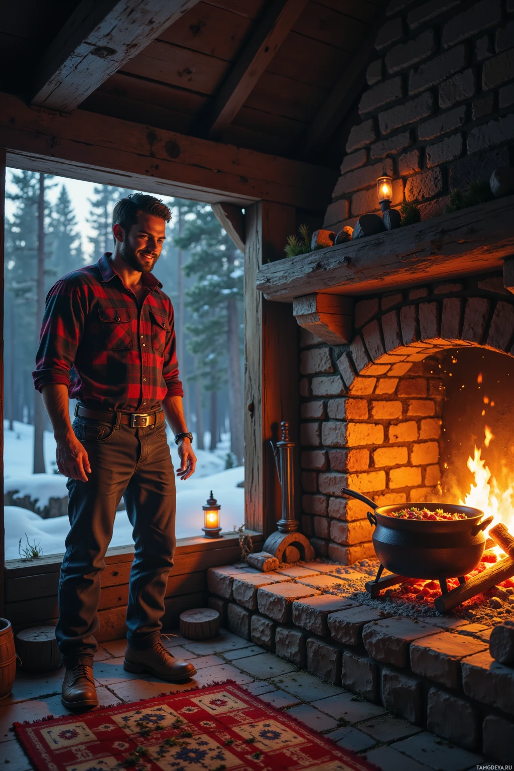 A man stands by a cozy fireplace in a rustic cabin, enjoying the warmth and view of the snowy forest outside.