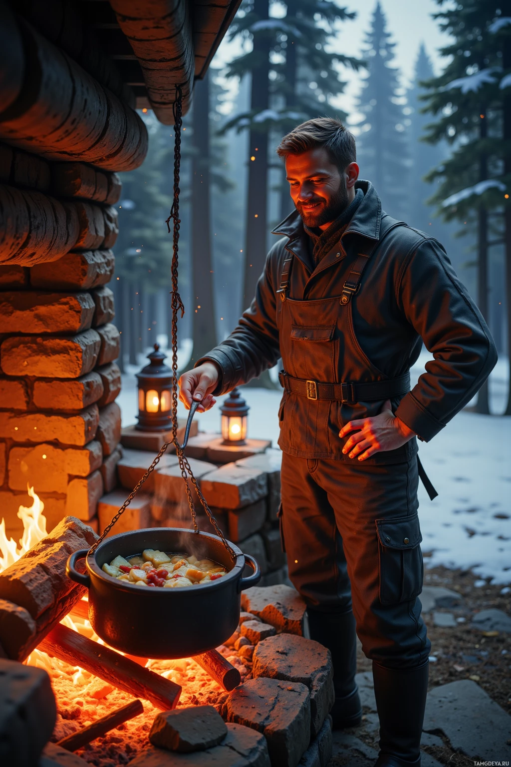 A man in a leather outfit stands beside a campfire, cooking food in a pot.