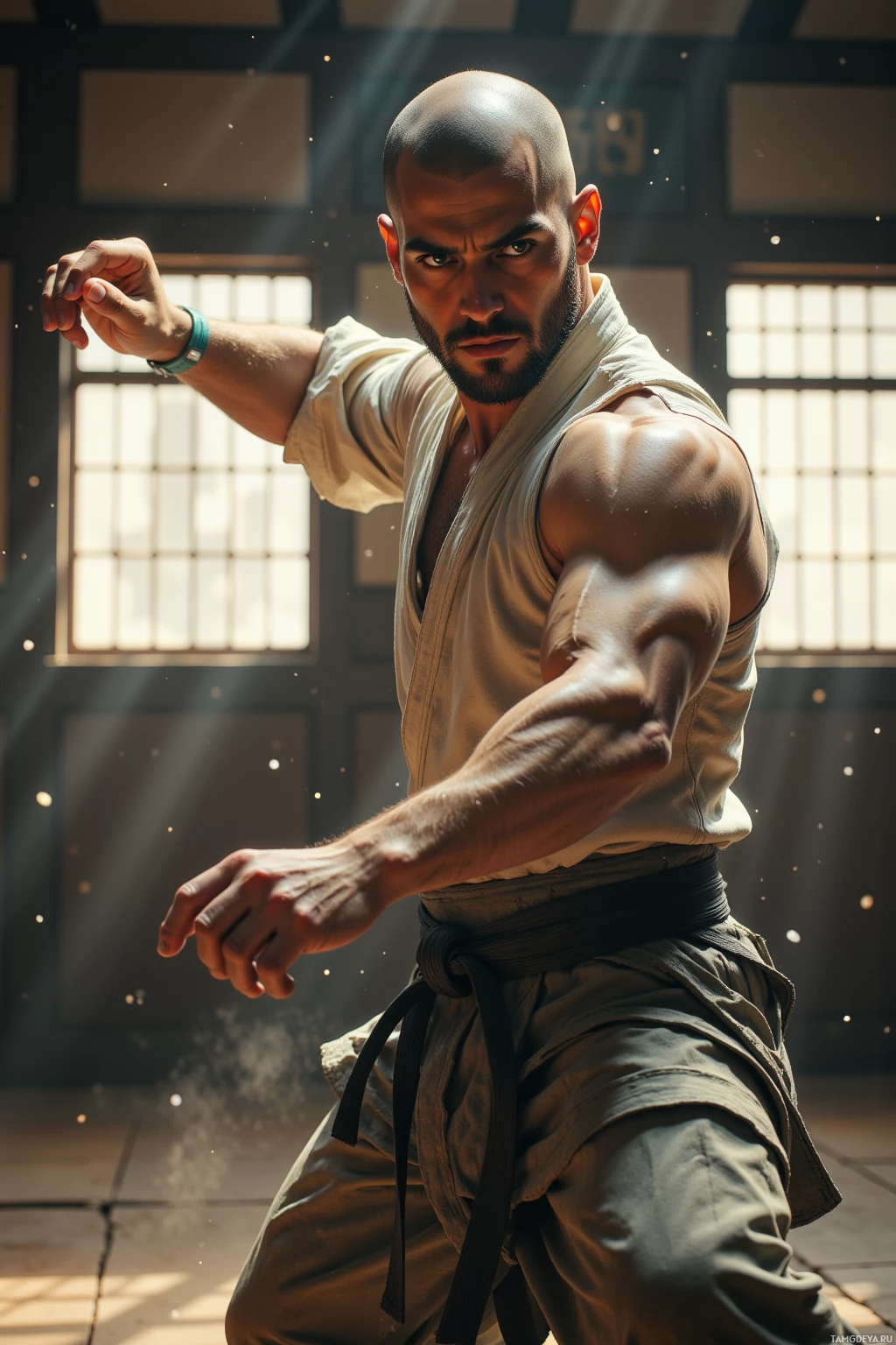 A muscular man in a martial arts uniform is captured mid-action in a well-lit dojo.