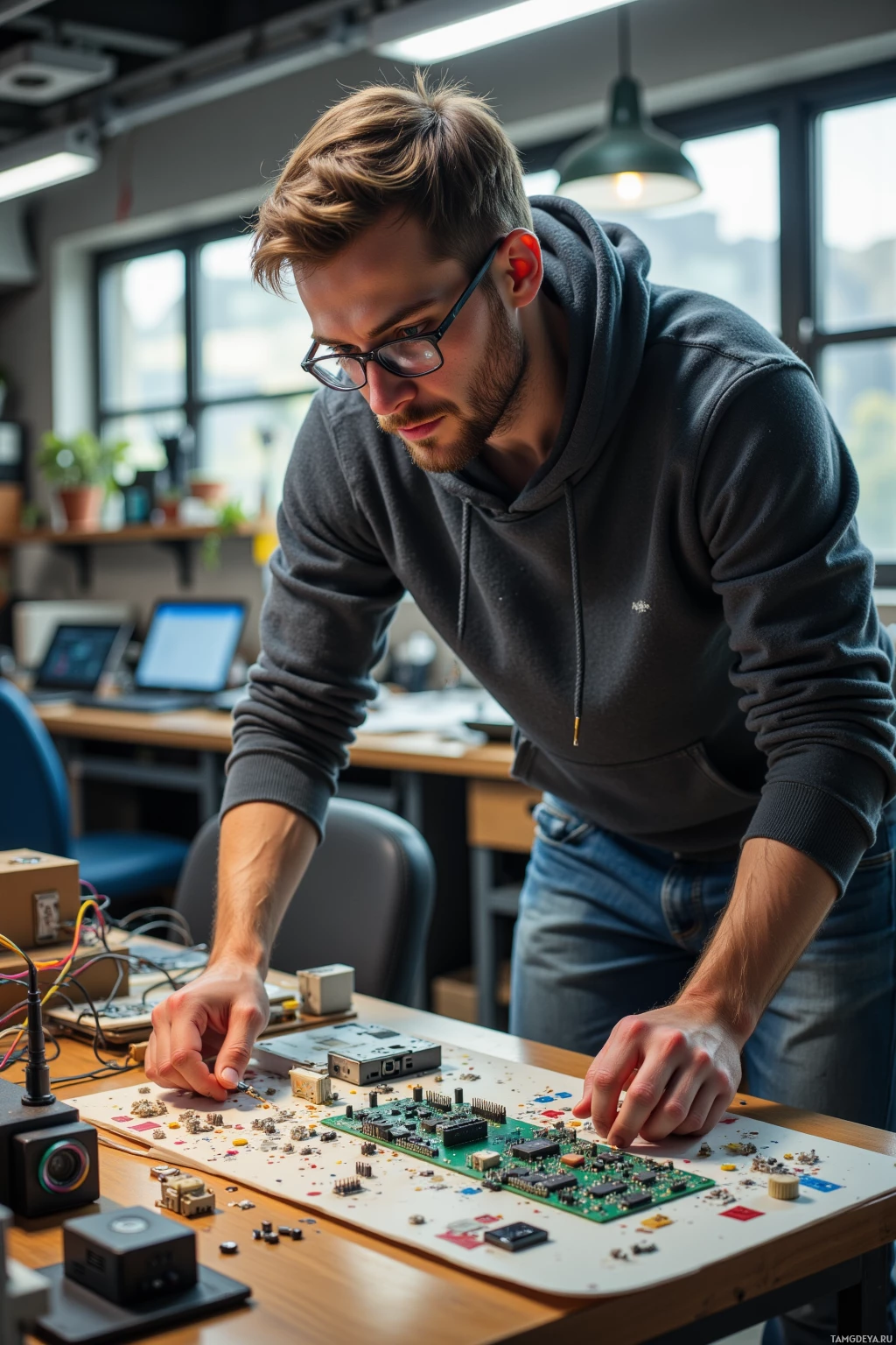 A person is working on a circuit board in a workspace.