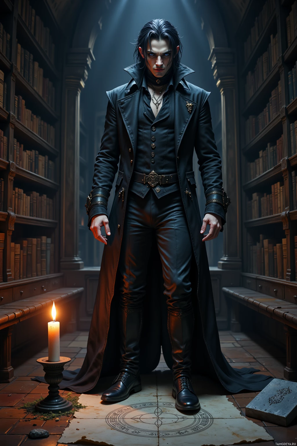 A man in a dark, gothic outfit stands in a dimly lit library with bookshelves and a candle on the floor.
