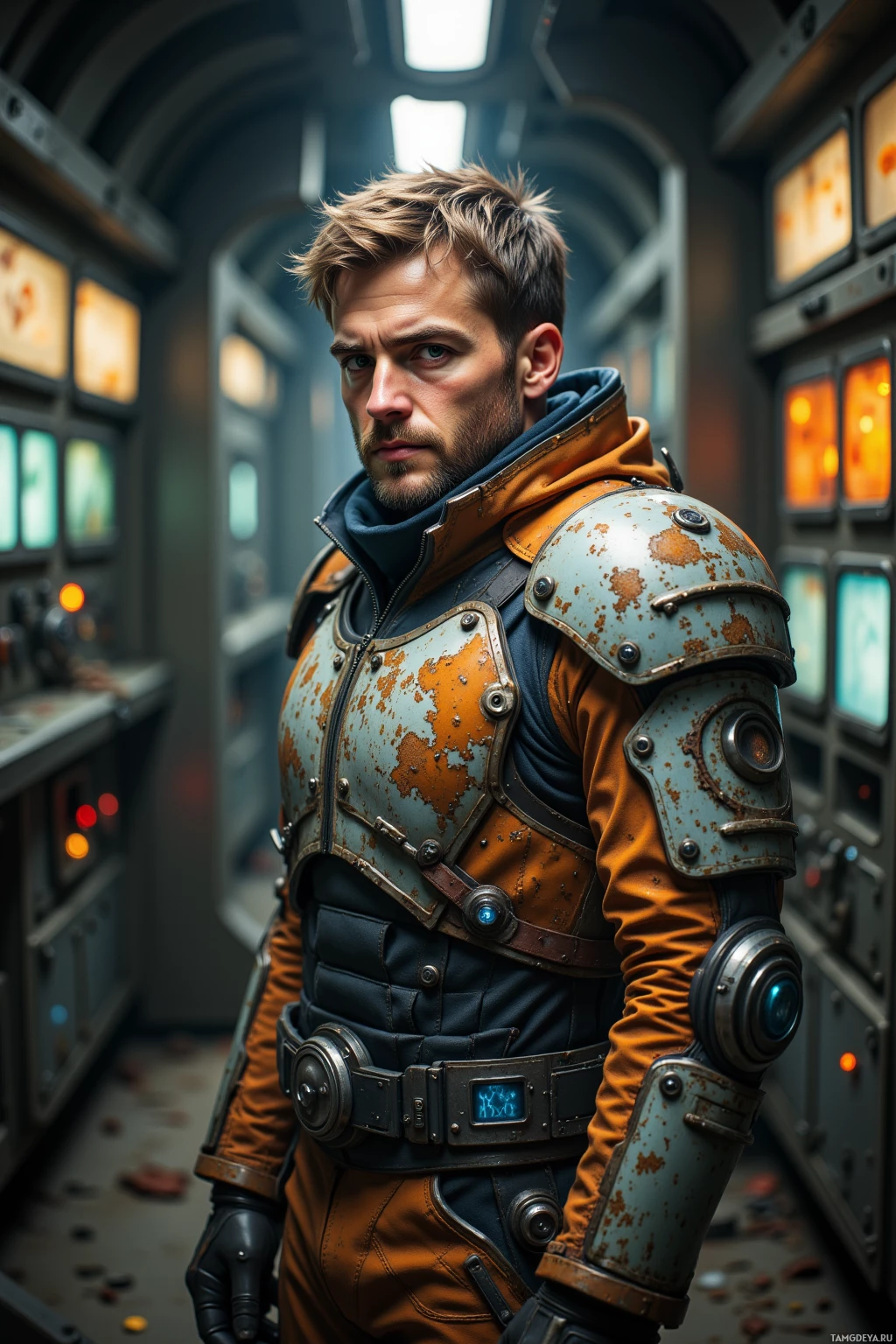 A person in a futuristic, rugged outfit stands in a dimly lit, industrial setting.