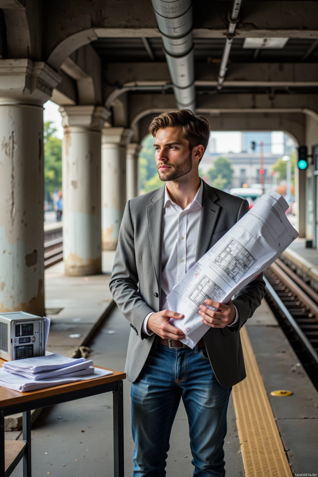 A man in a suit holds blueprints while standing on a train platform.