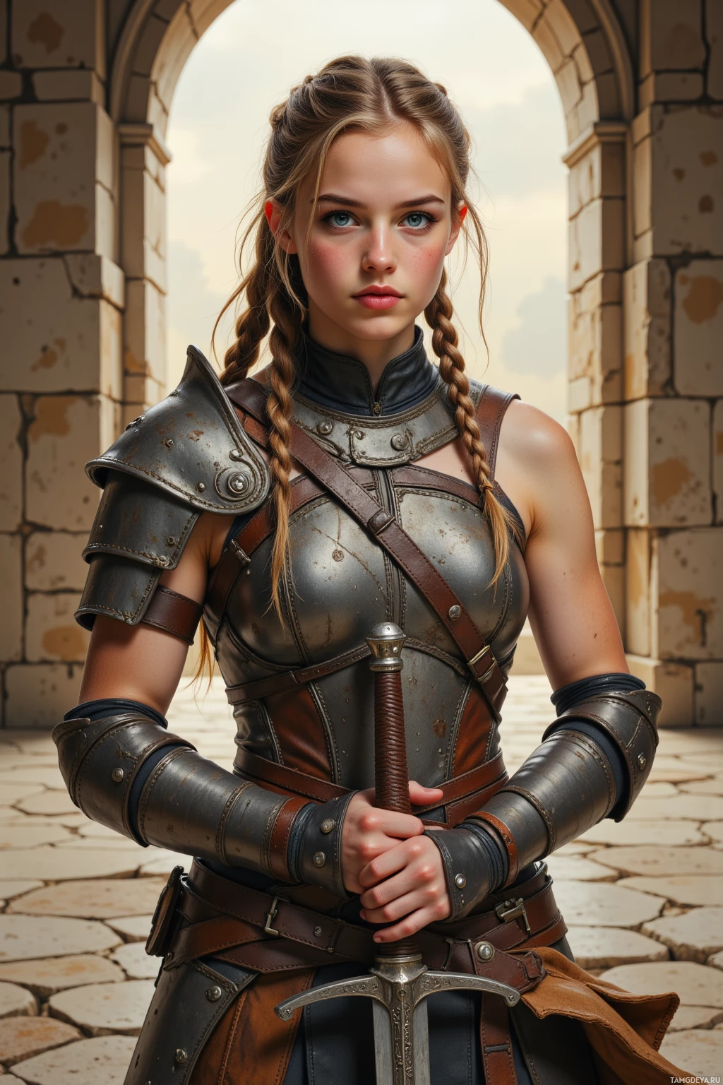 A young woman in medieval armor stands in front of stone arches, holding a sword.