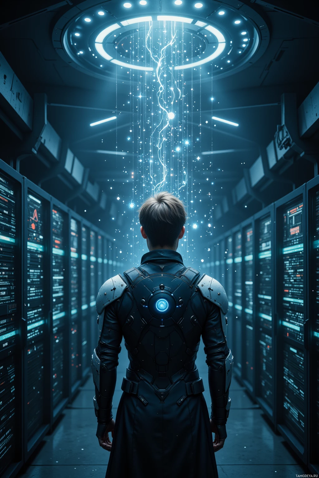 A person in futuristic armor stands in a high-tech corridor with glowing lights and servers.