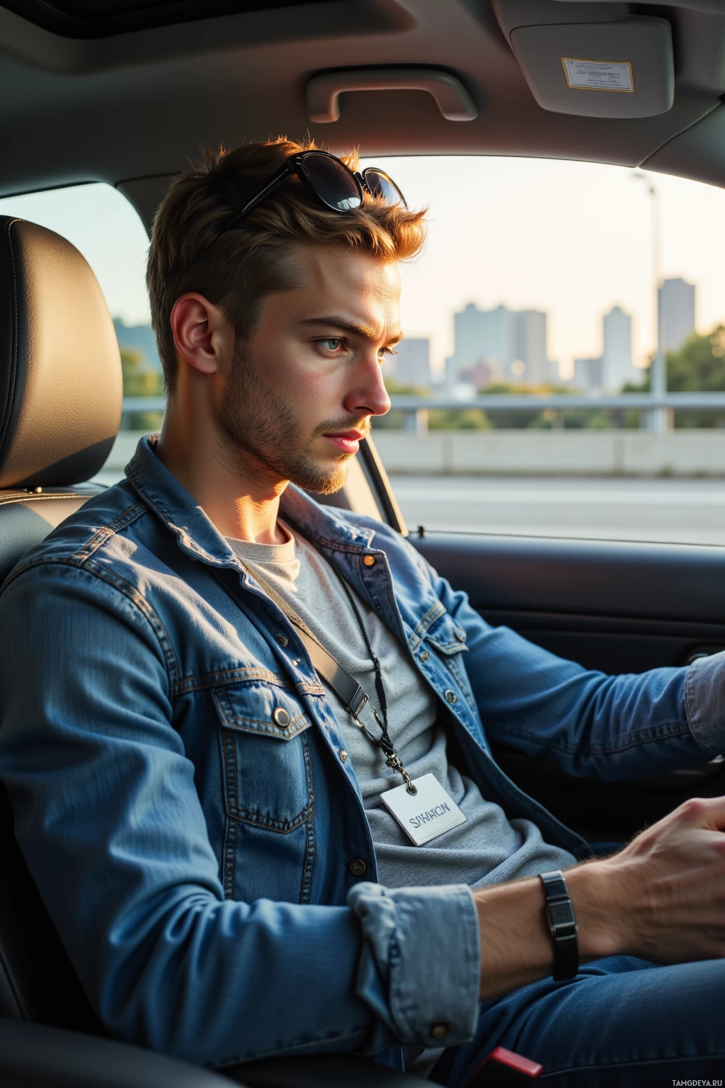 A man in a denim jacket drives a car with a cityscape in the background.