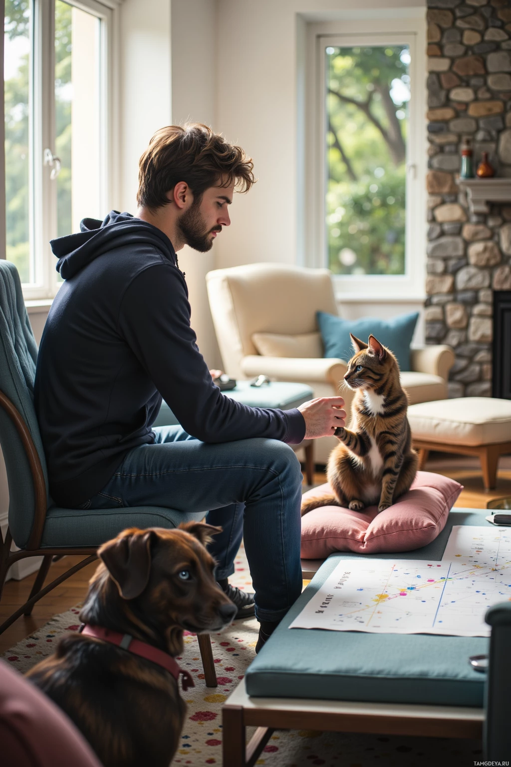 A man sits in a chair, interacting with a cat and a dog in a cozy living room.