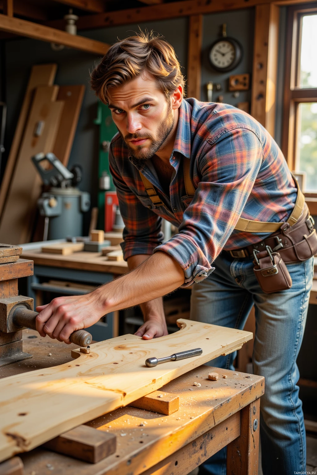 A man in a workshop using a chisel on a piece of wood.