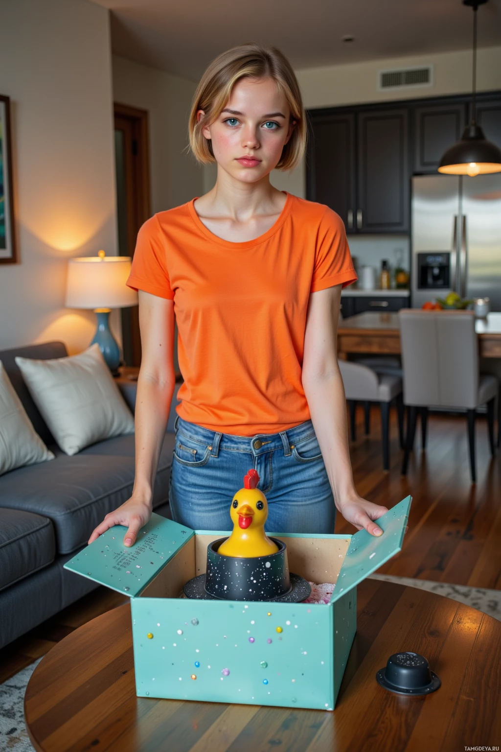 A person in an orange shirt stands in a modern living room, holding an open box with a rubber duck inside.