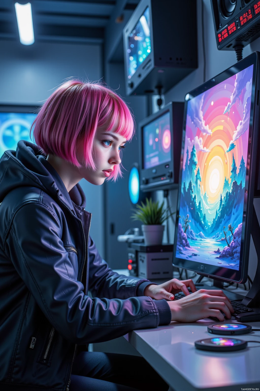 A person with pink hair works on a computer in a modern, tech-themed environment.