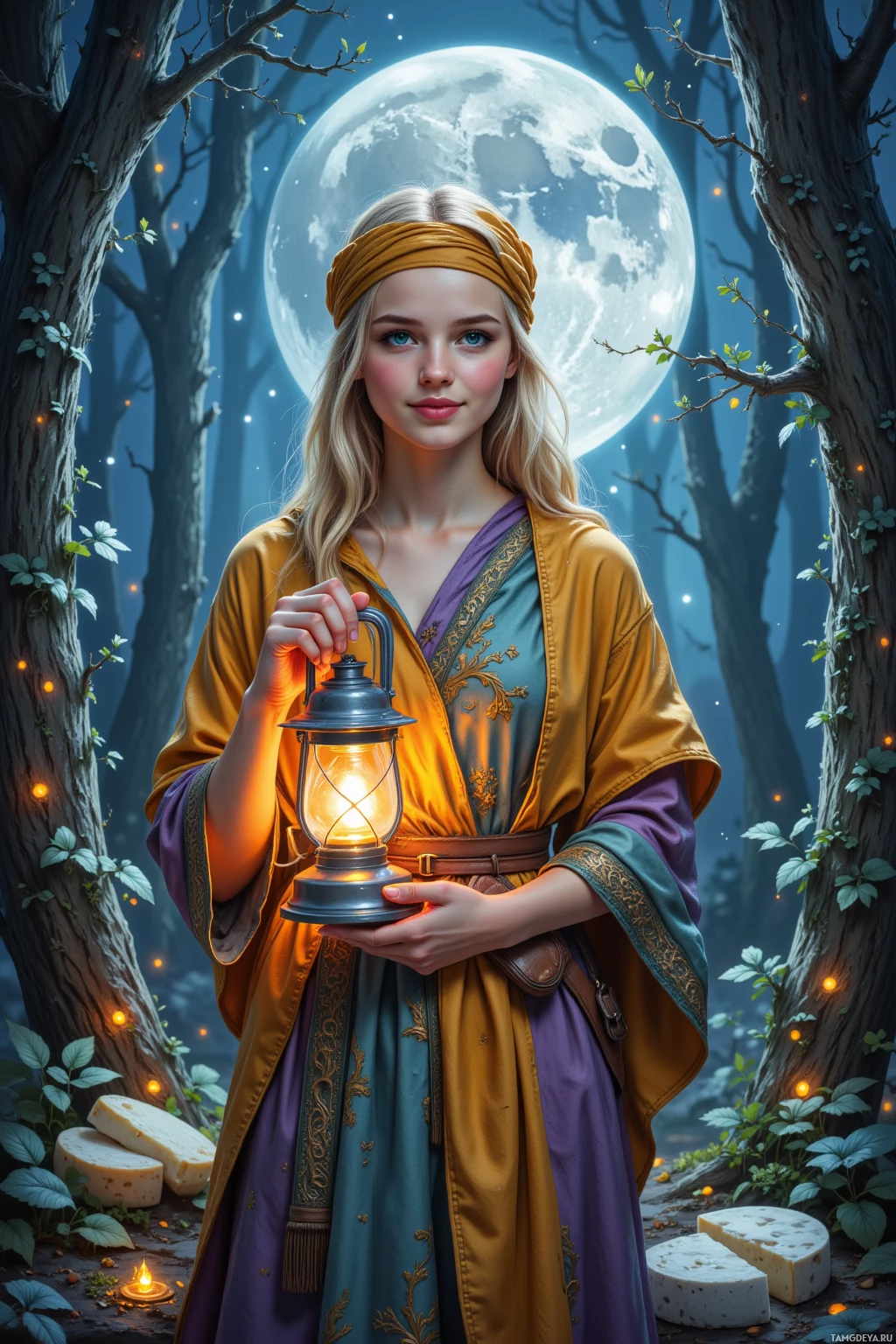A woman in a medieval-style robe holds a lantern in a moonlit forest.