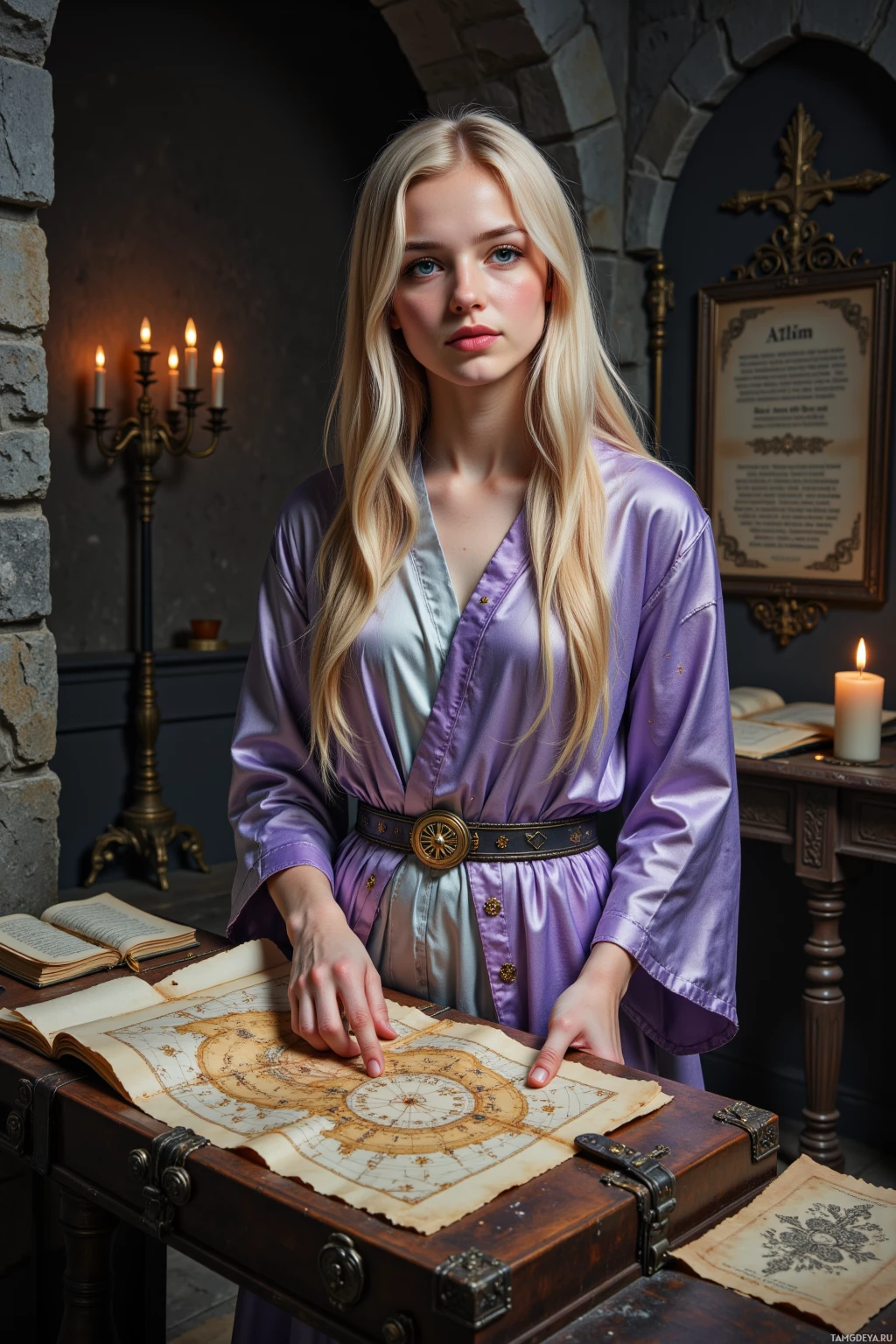 A woman in a purple robe stands beside a table with an open book and a lit candle, in a dimly lit room with stone walls.