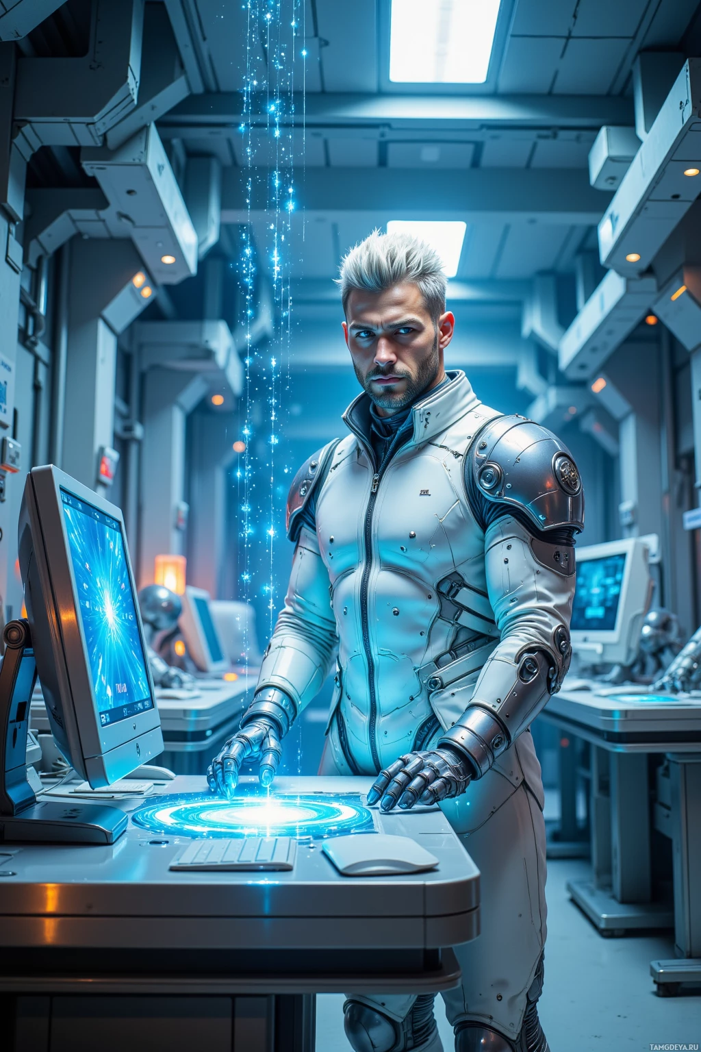 A futuristic individual in a high-tech environment interacts with a glowing interface.