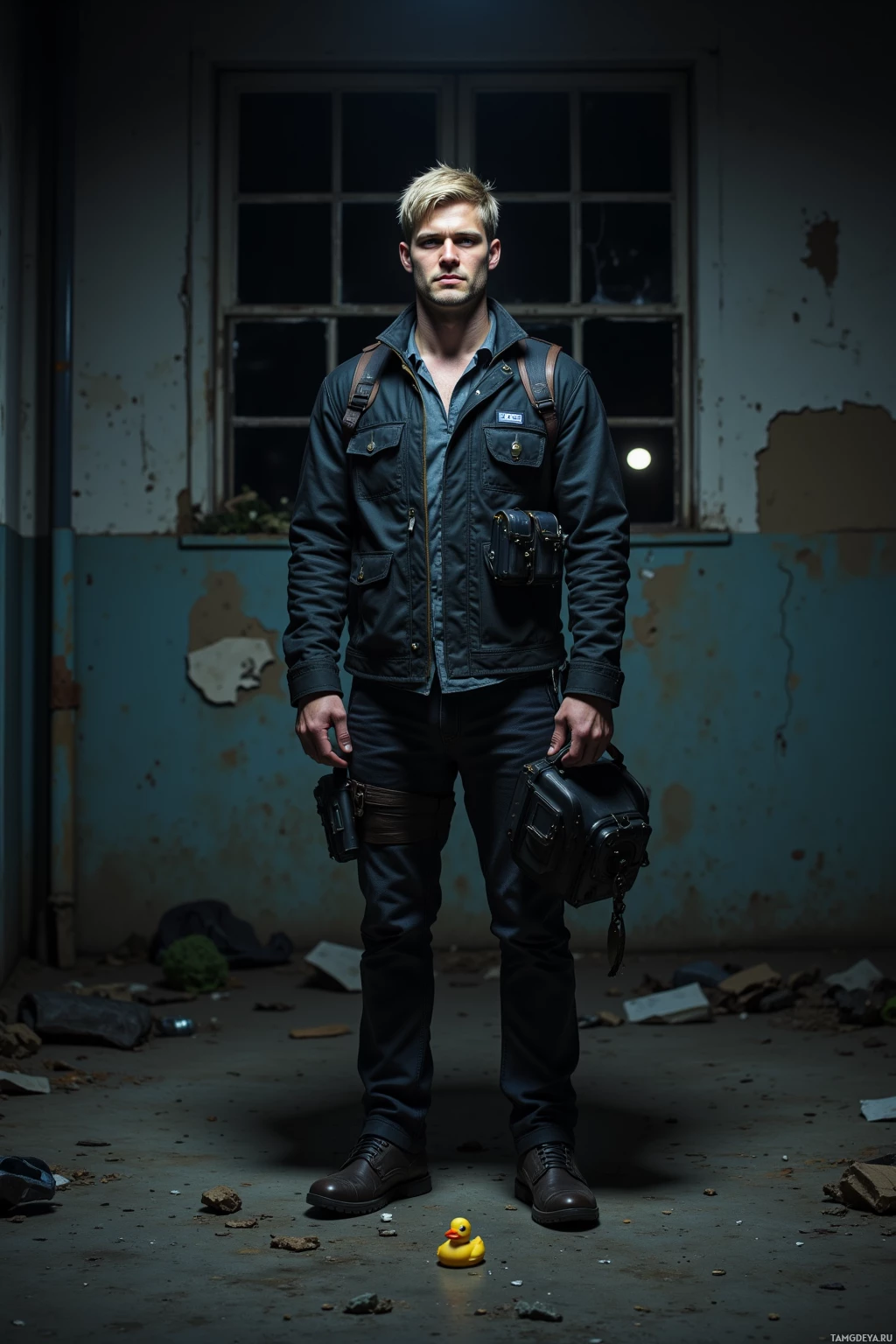 A man stands in a dilapidated room holding a bag, with a small yellow object on the floor.