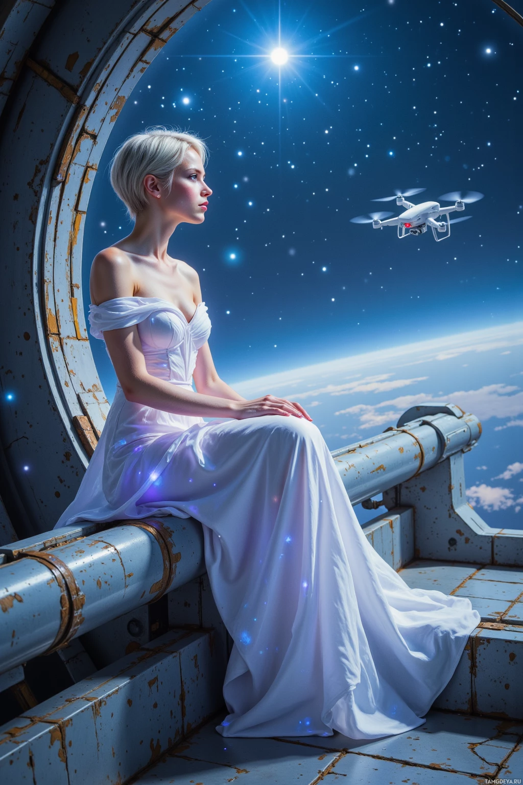 A woman in a white dress sits on a railing, gazing at a starry sky with a drone flying nearby.
