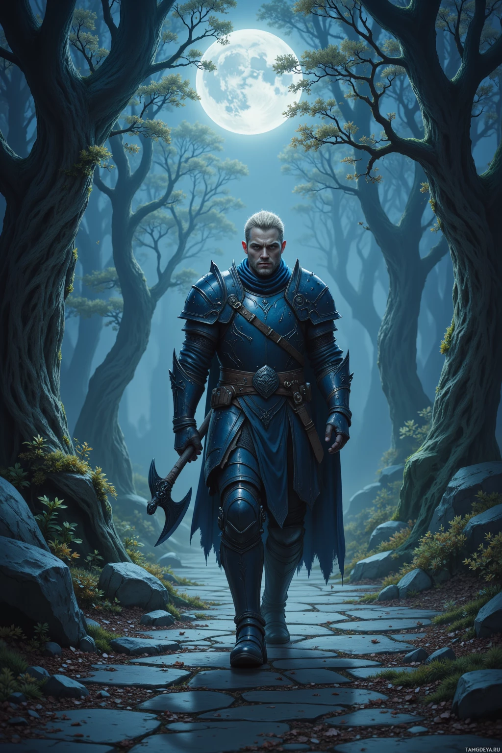 A knight in blue armor walks through a moonlit forest.